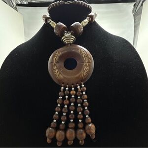 Vintage, Tribal Wood Beaded Long Necklace, Carved, 90’s